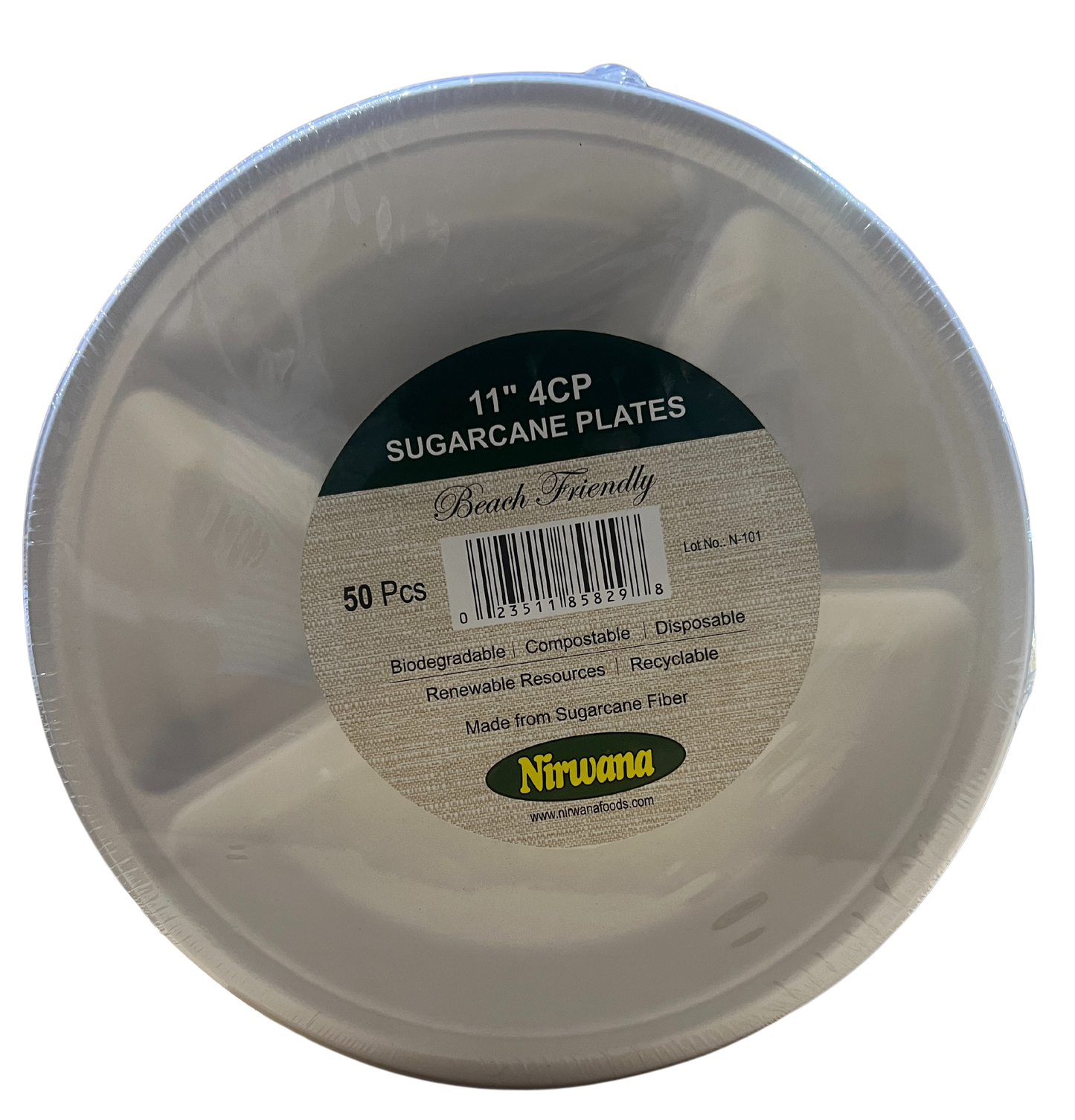 NIRWANA 11'' 4CP SUGARCANE PLATES 50PCS (ROUND)