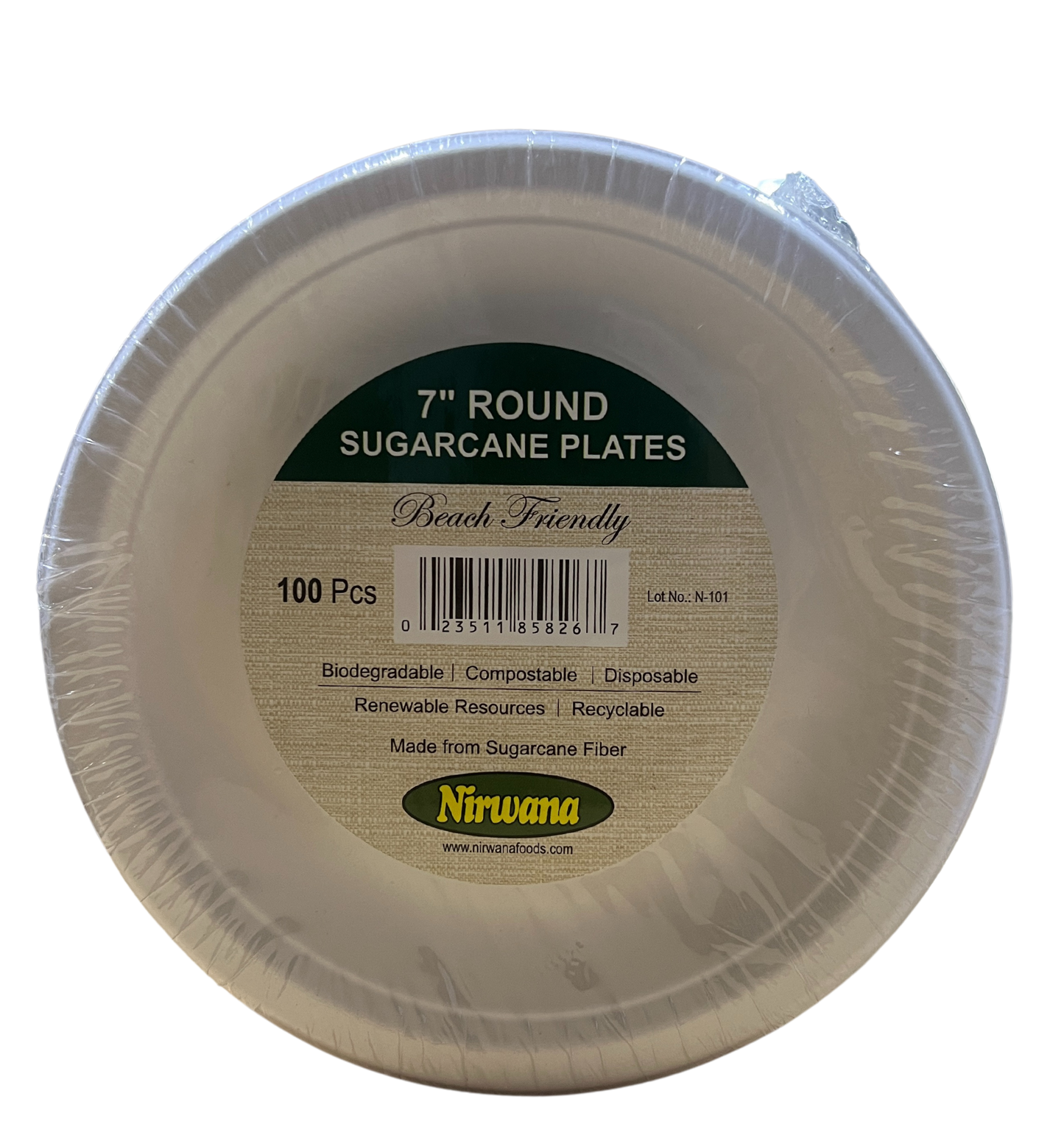 NIRWANA 7" ROUND SUGARCANE PLATES 100PCS