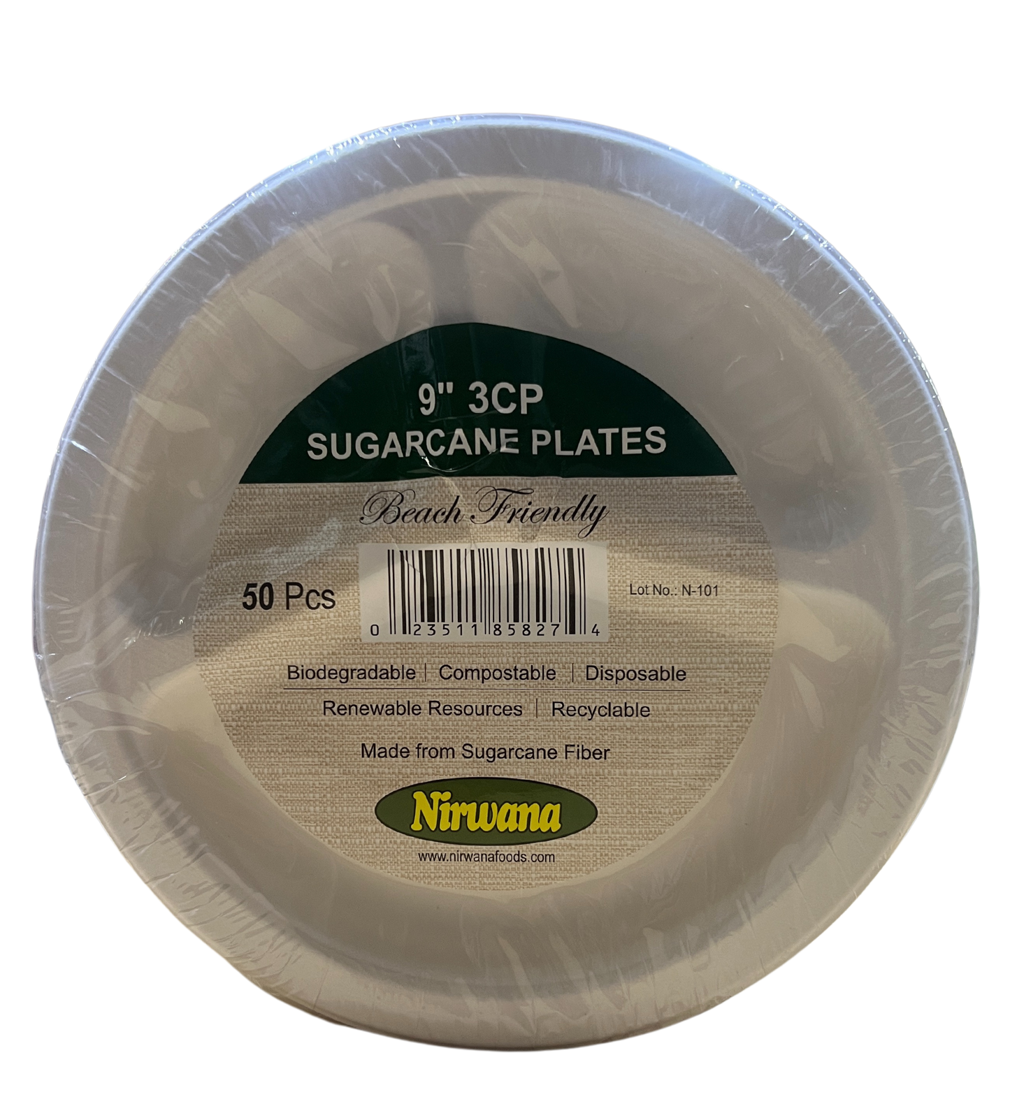 NIRWANA 9'' 3CP SUGARCANE PLATES  50PCS (ROUND)